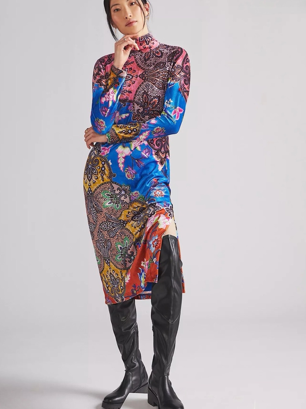 Anthropologie High Neck Velvet Midi Dress Floral Paisley Size M EUC